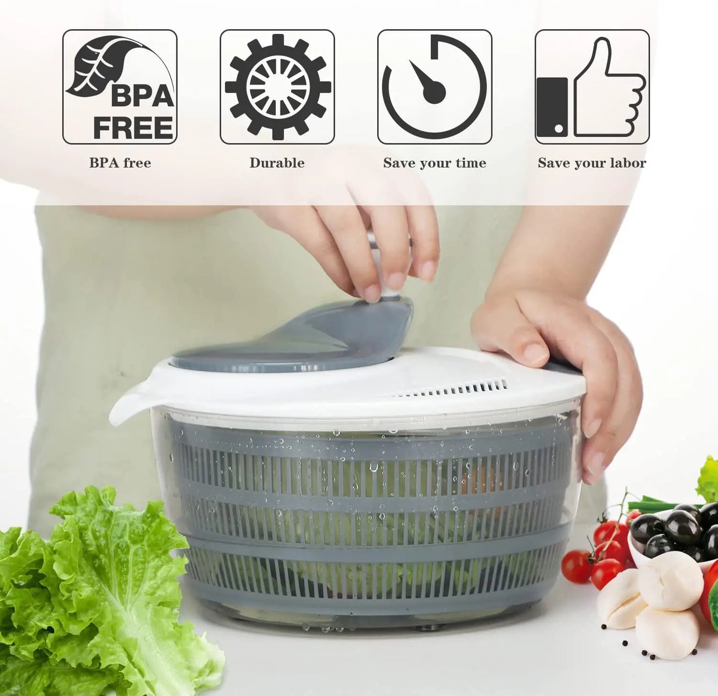 Manual Salad Spinner & Veggie Washer – Hand Crank Fruit & Vegetable Drainer